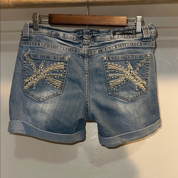 Red Rivet Pants - Red Rivet Denim Shorts with Embroidered Pockets